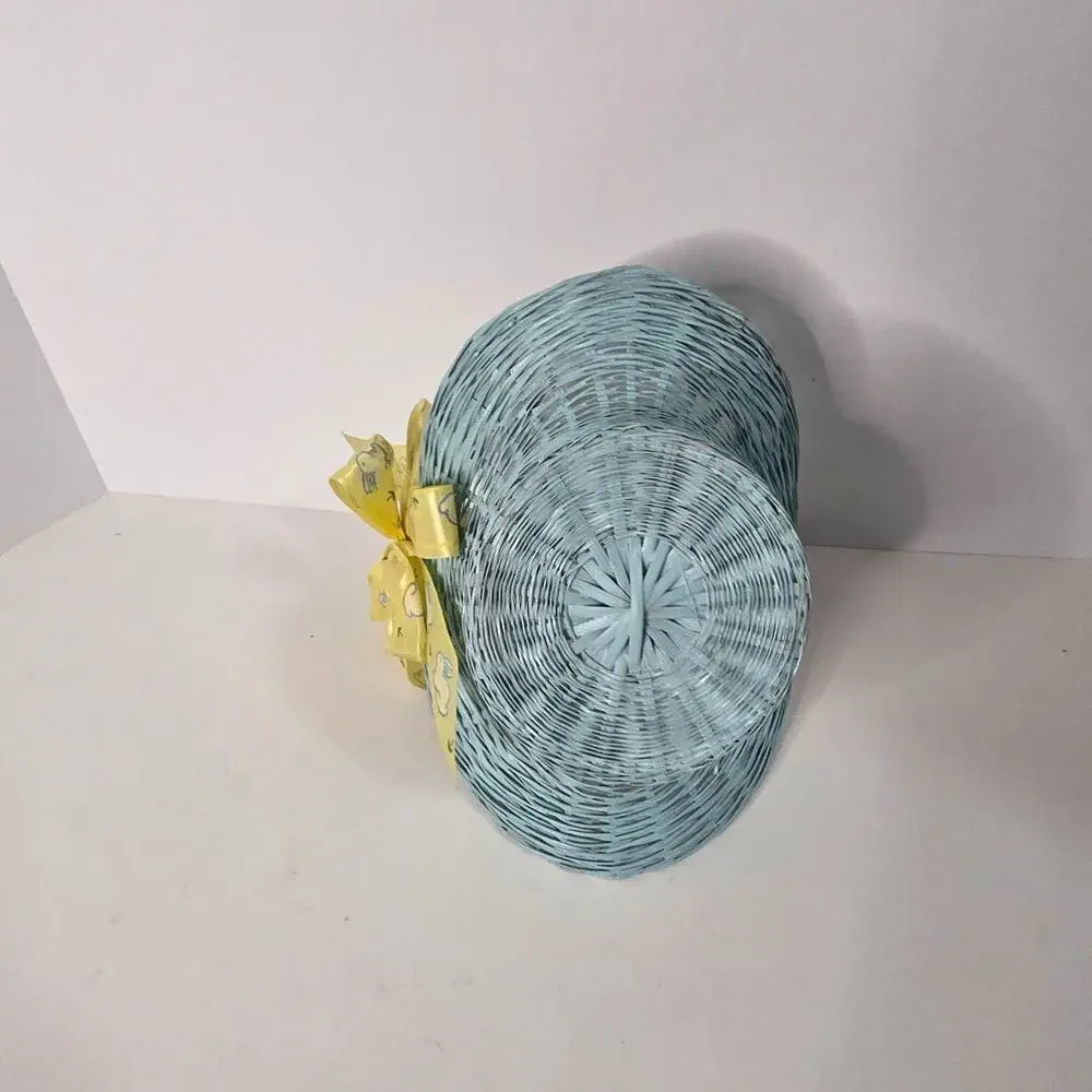 Blue Wicker Easter Bonnet Basket Bunny Ribbon Cottagecore Spring Decor 7
